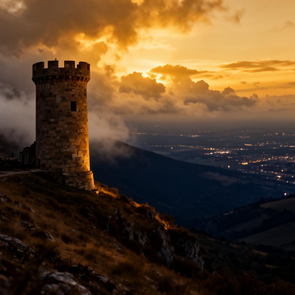 Watchtower at dawn overlooking a valley
