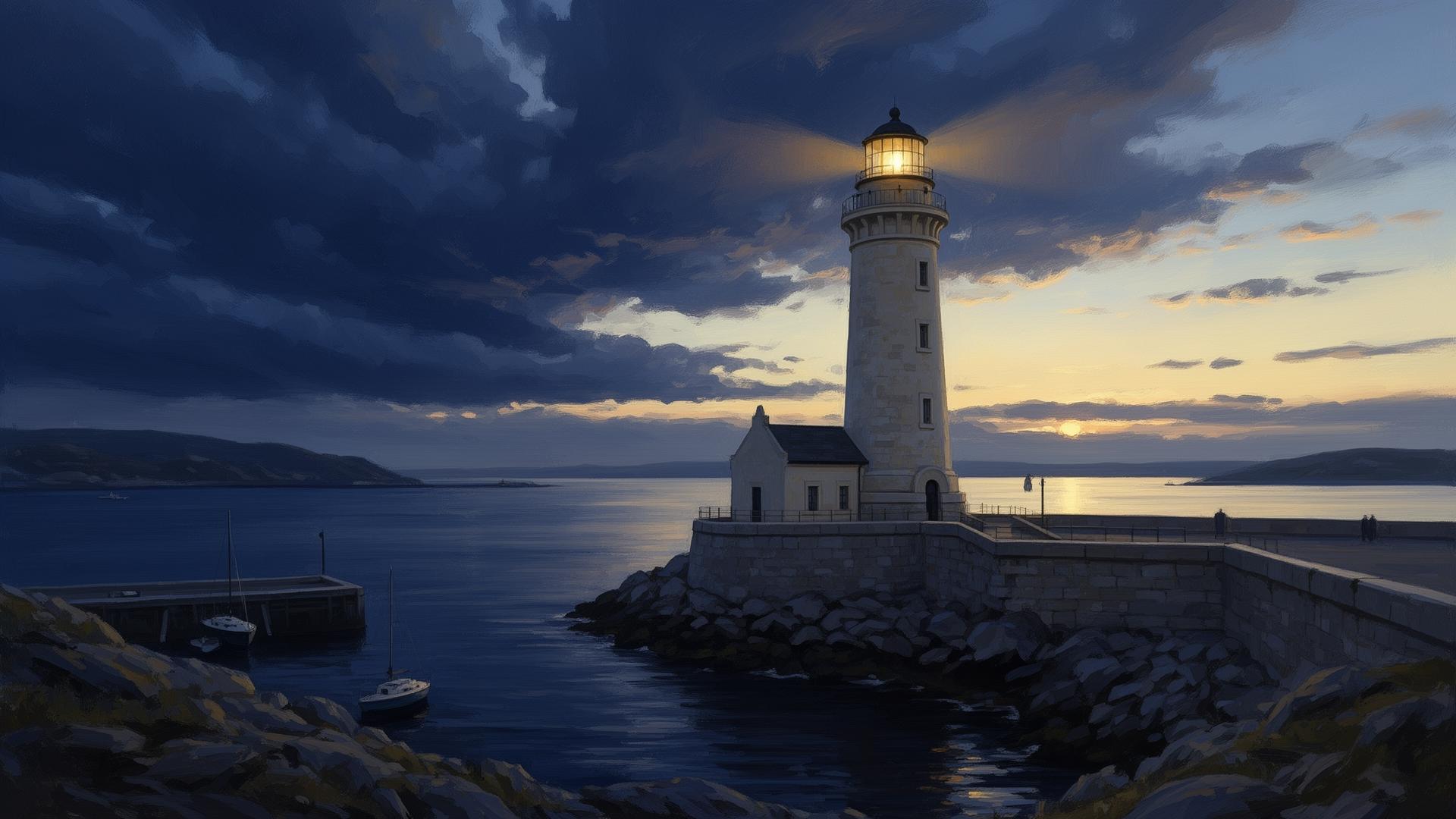 Lighthouse watchpost at dawn over a calm harbor
